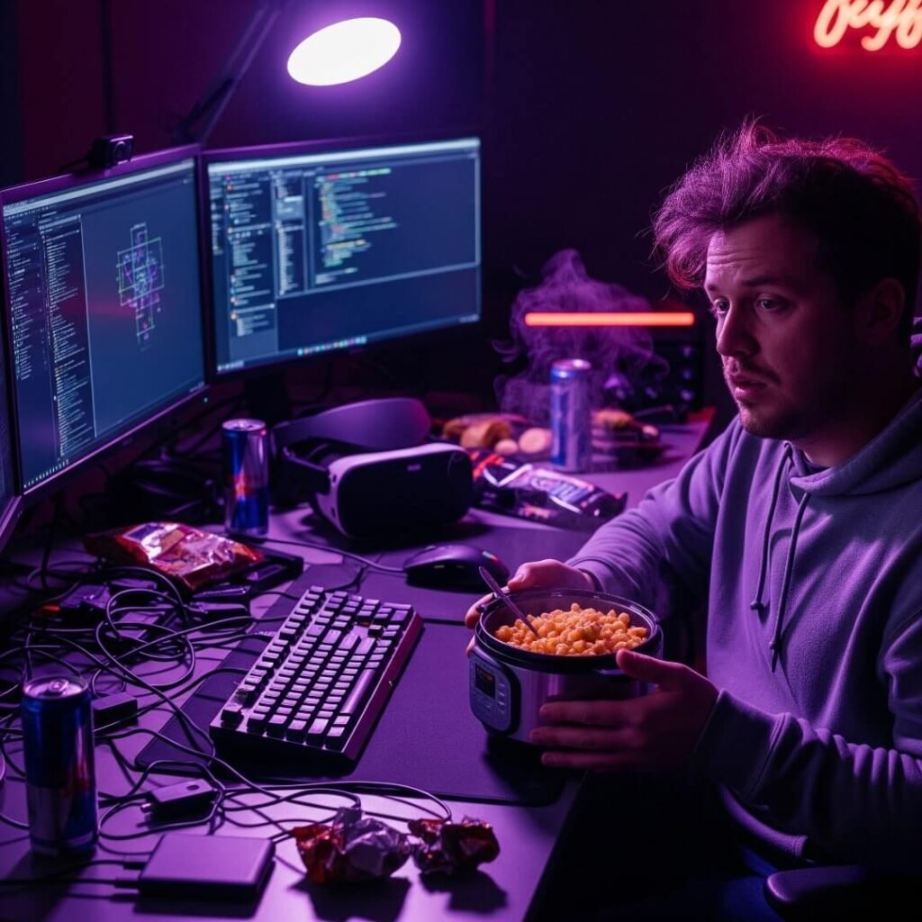 A person eating mac and cheese at a messy desk with computers.