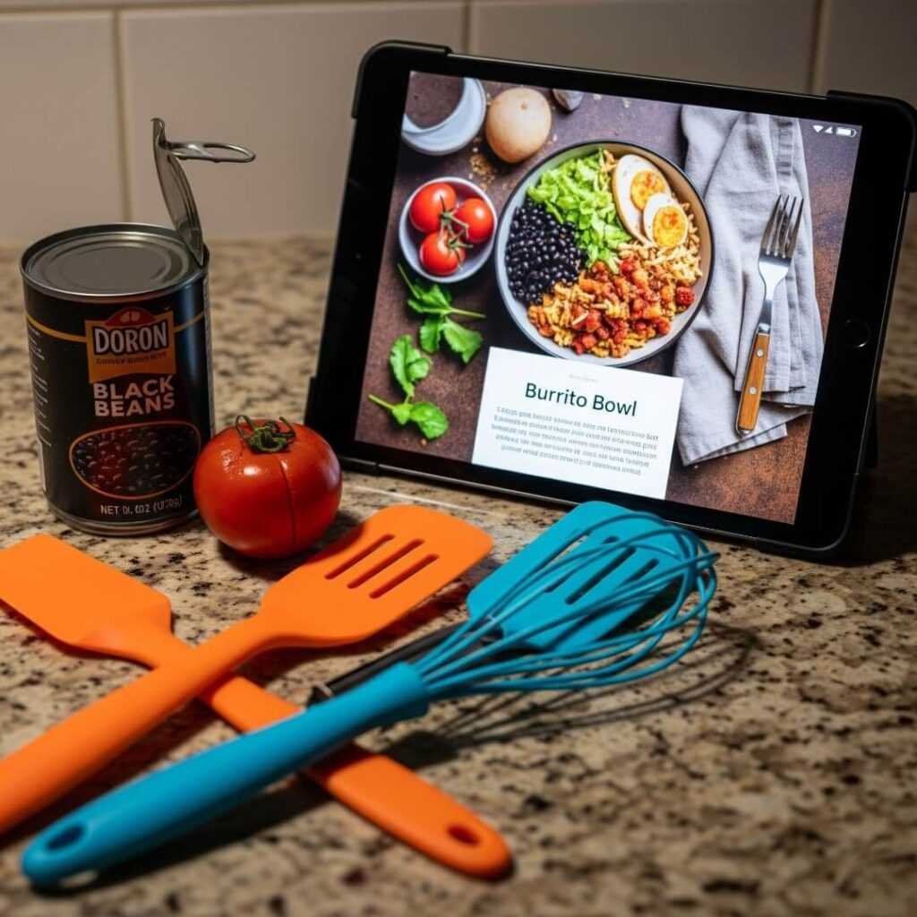 A slightly off-angle photo of a recipe tablet, a can of beans, and utensils.