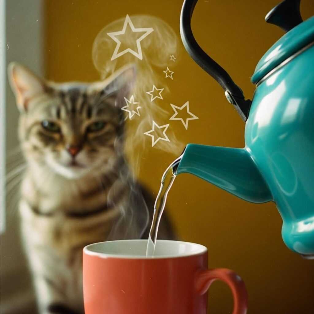 A teal kettle pours into a coral pink mug, a cat glares in the background.