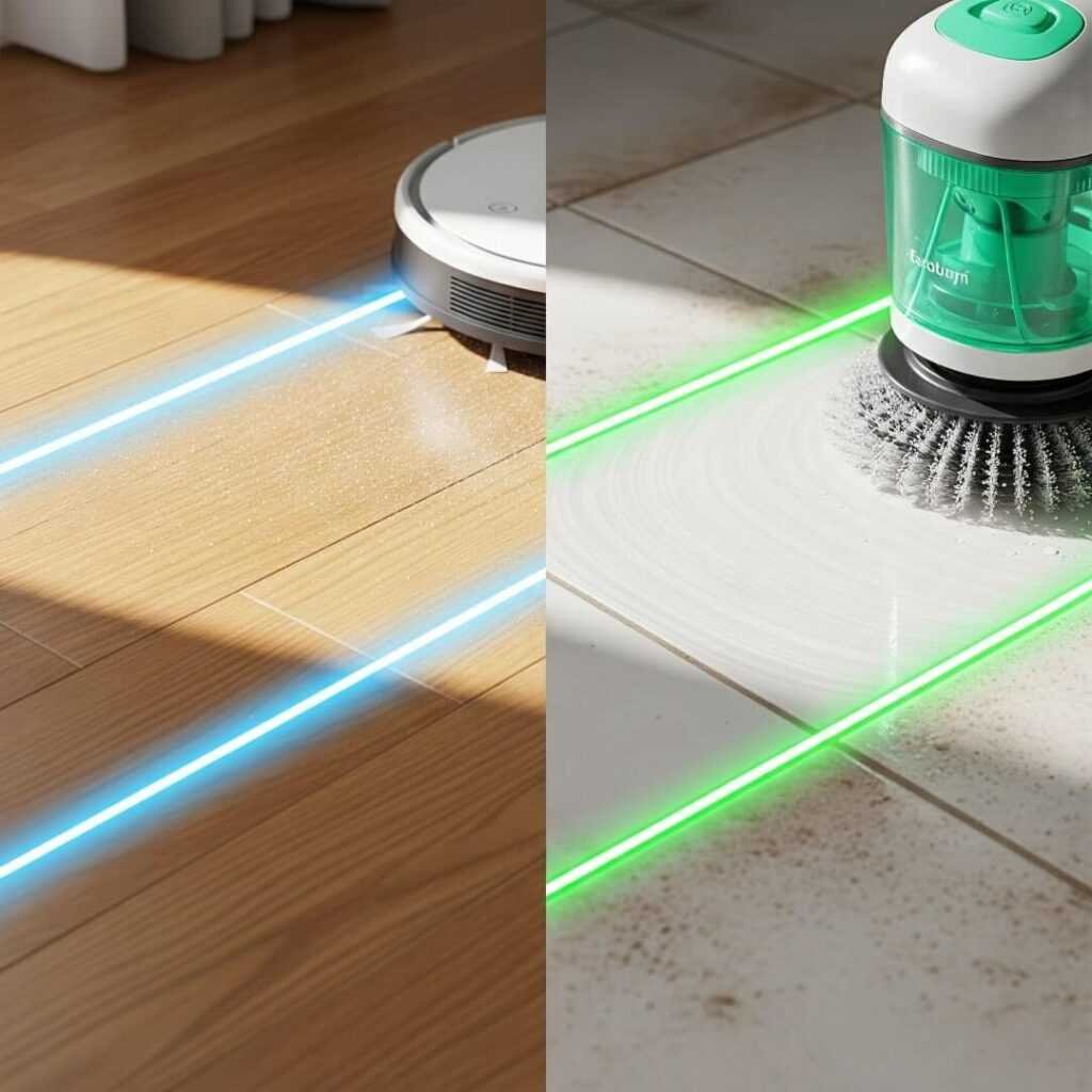 A clean hardwood floor and a scrubbed tile are shown side-by-side.