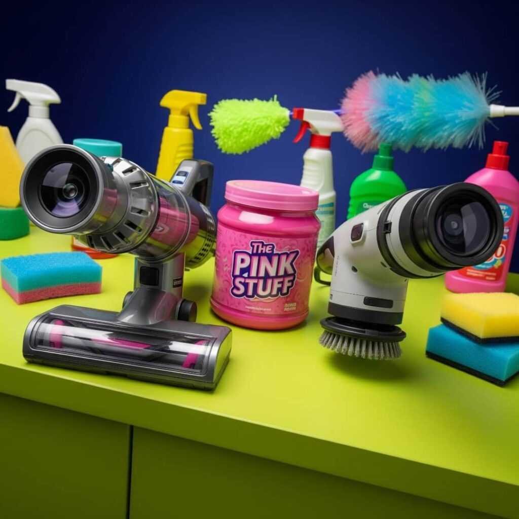 A playful group selfie of cleaning supplies on a lime green kitchen counter.