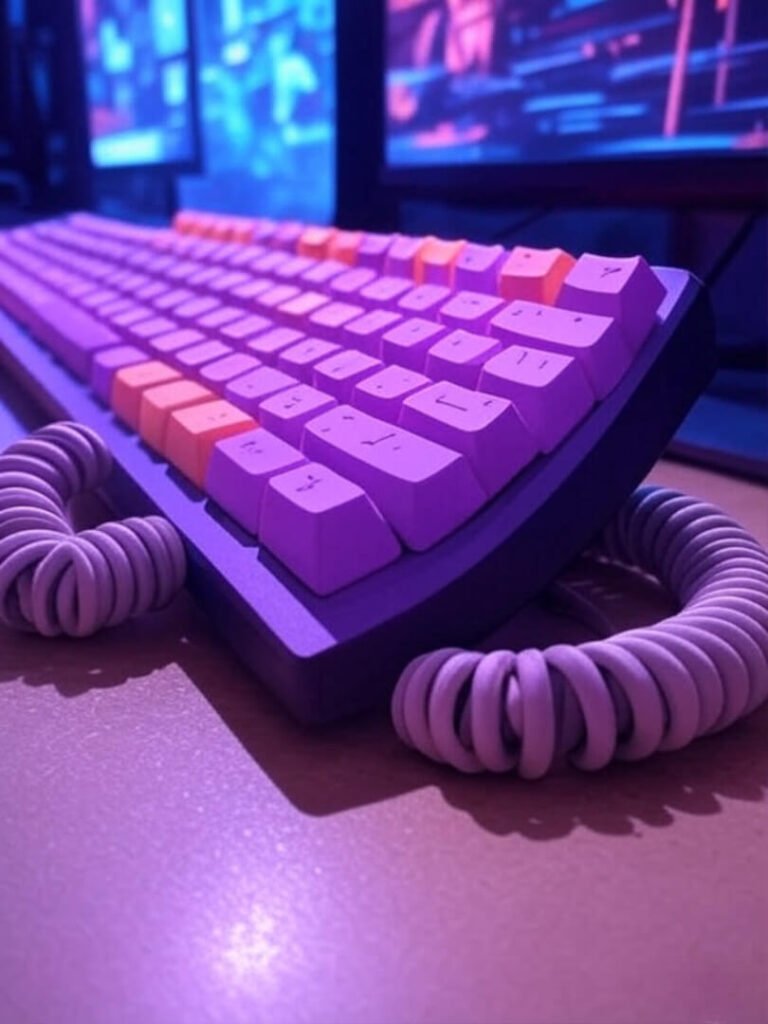 Customized keyboard with neon purple and coral keycaps, coiled cable, vibrant chaos.