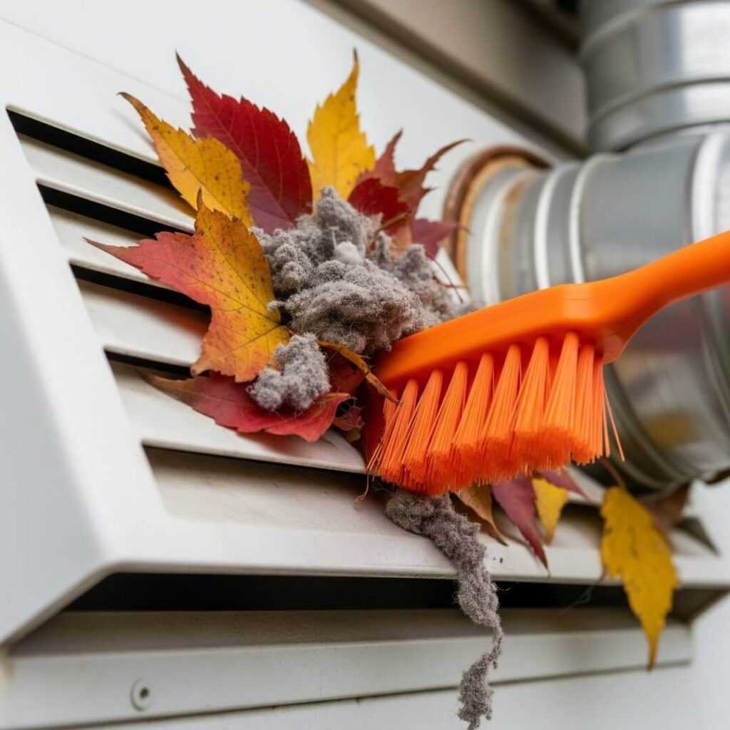 A dryer vent flap covered in leaves and lint, with a cleaning brush.