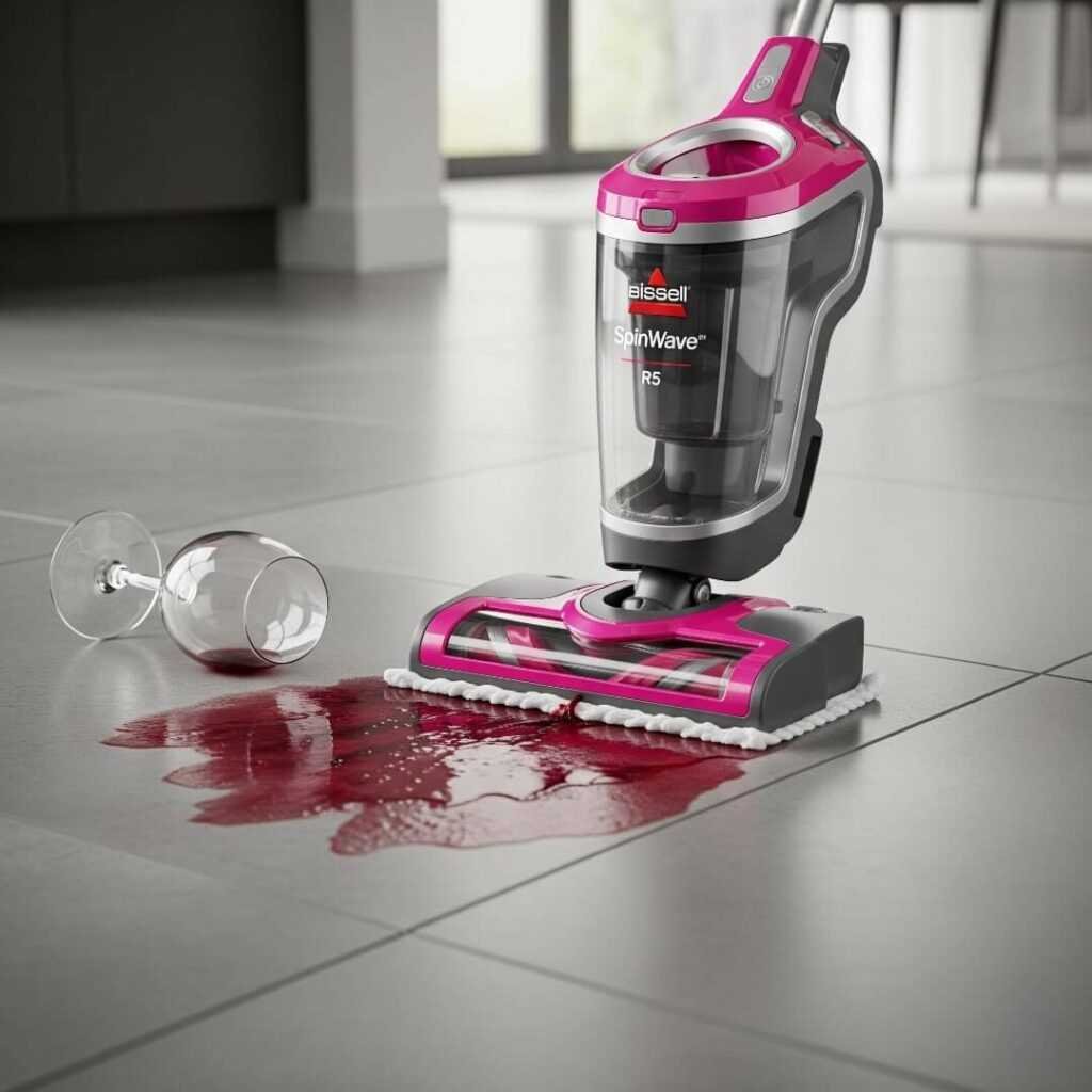 Bissell SpinWave R5 cleaning wine spill with tipped over wine glass.