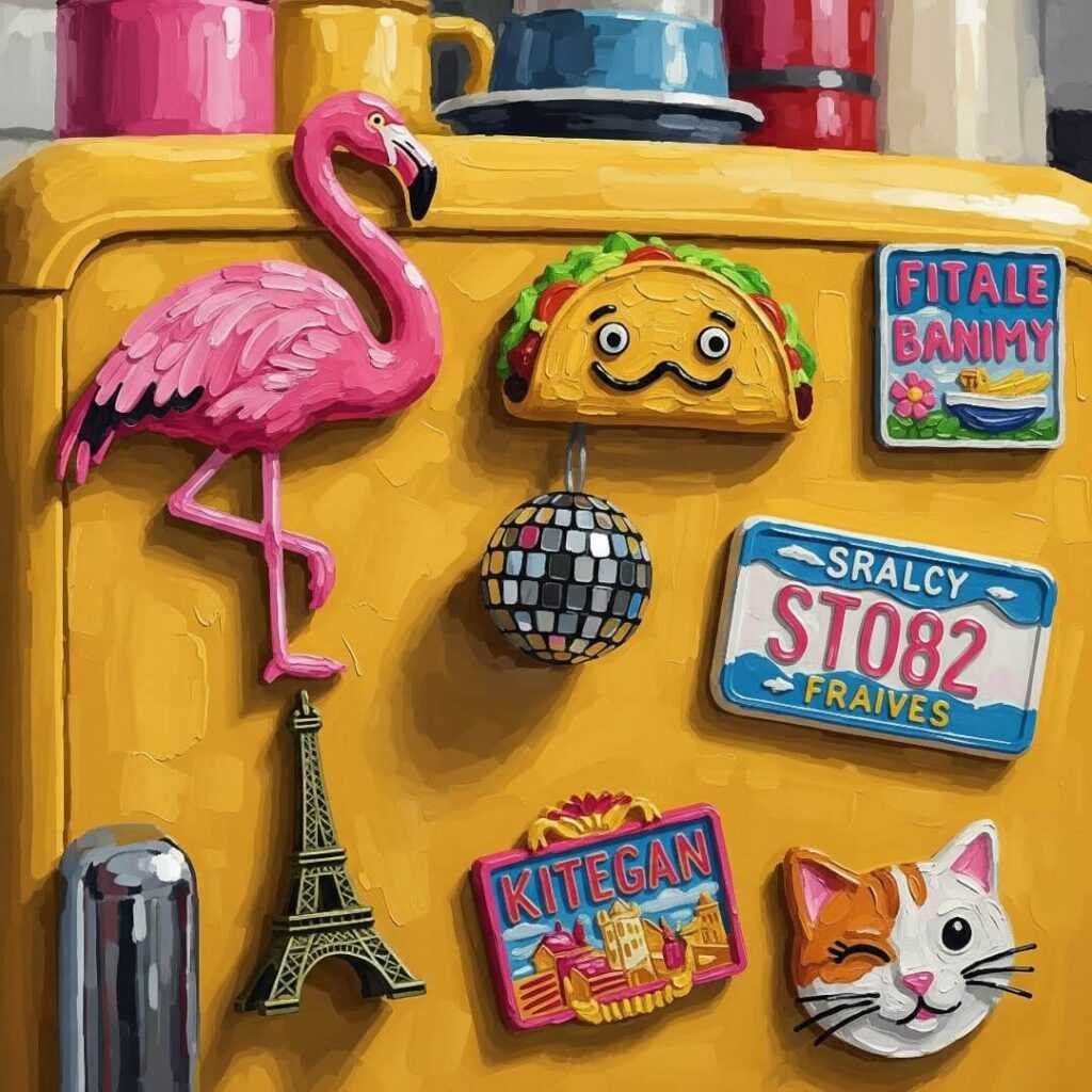 A mini fridge door with magnets of a flamingo, taco, and a winking cat.
