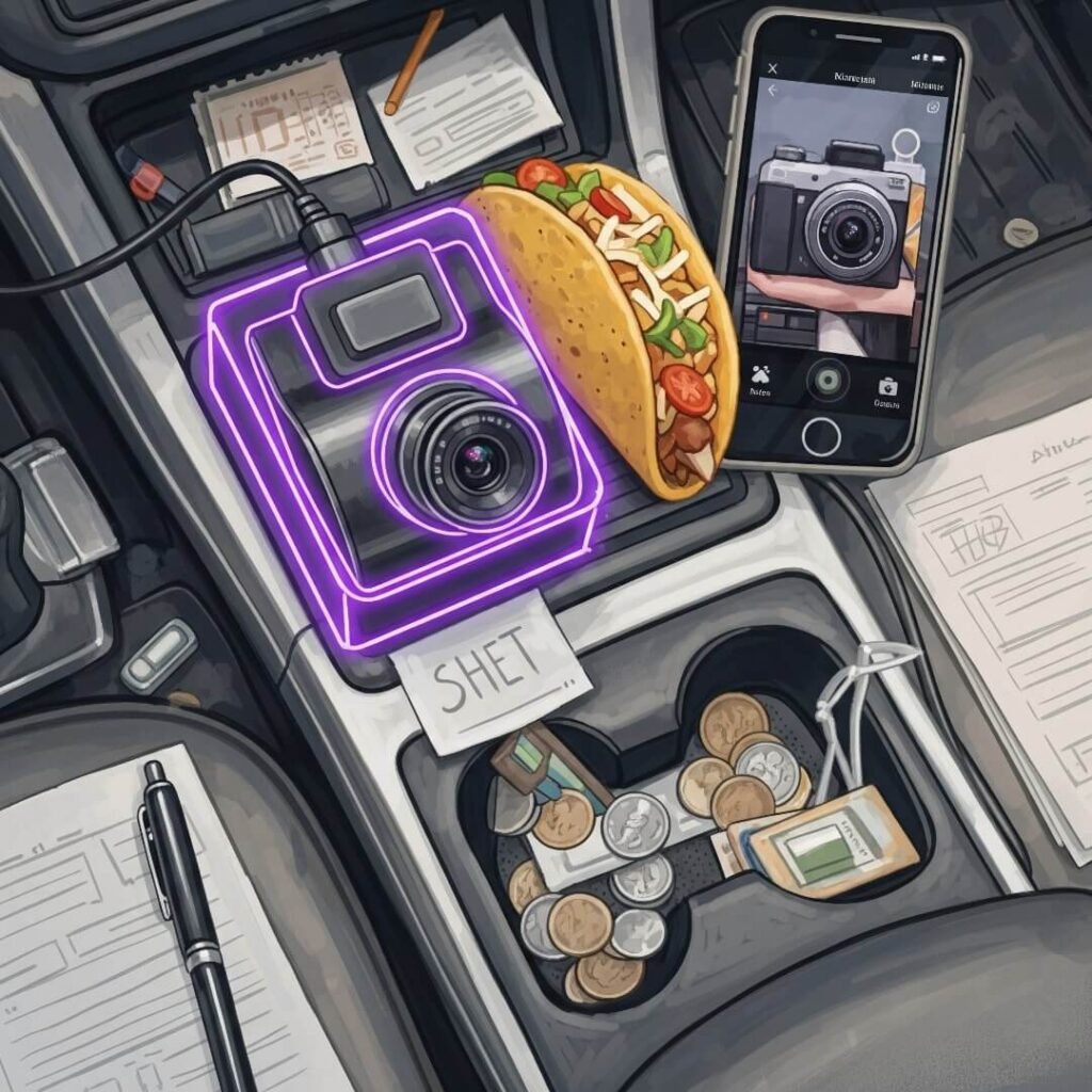 A top-down view of a cluttered car console with a dash cam, taco, and phone.