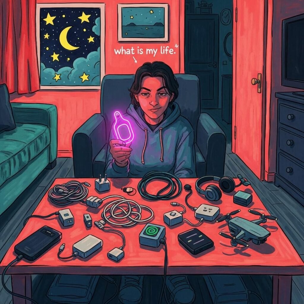 A person holding a neon-pink luggage tracker, surrounded by gadgets and cords.