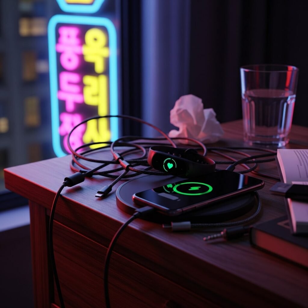 A messy nightstand with a wireless charger, tangled cables, and a fitness tracker.