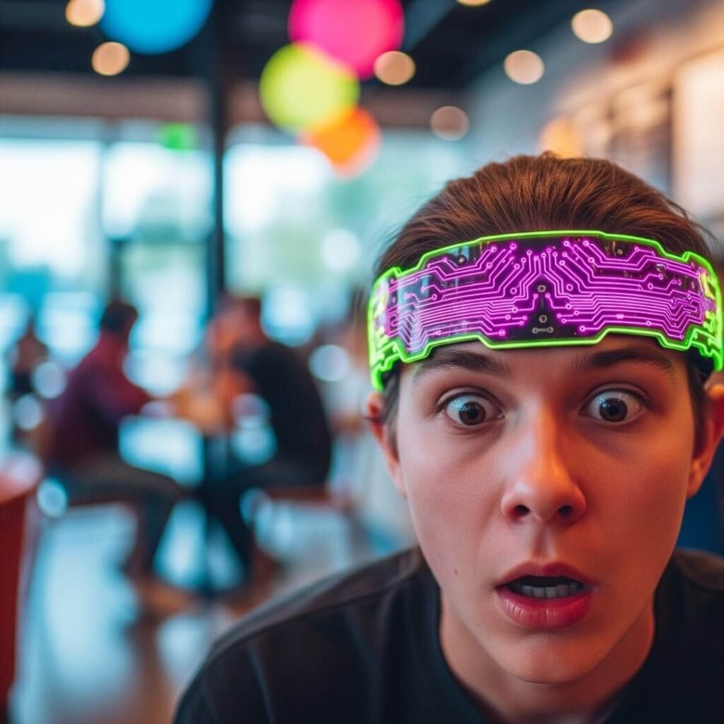 A blurry picture of a person with wide eyes, wearing a glowing headband.