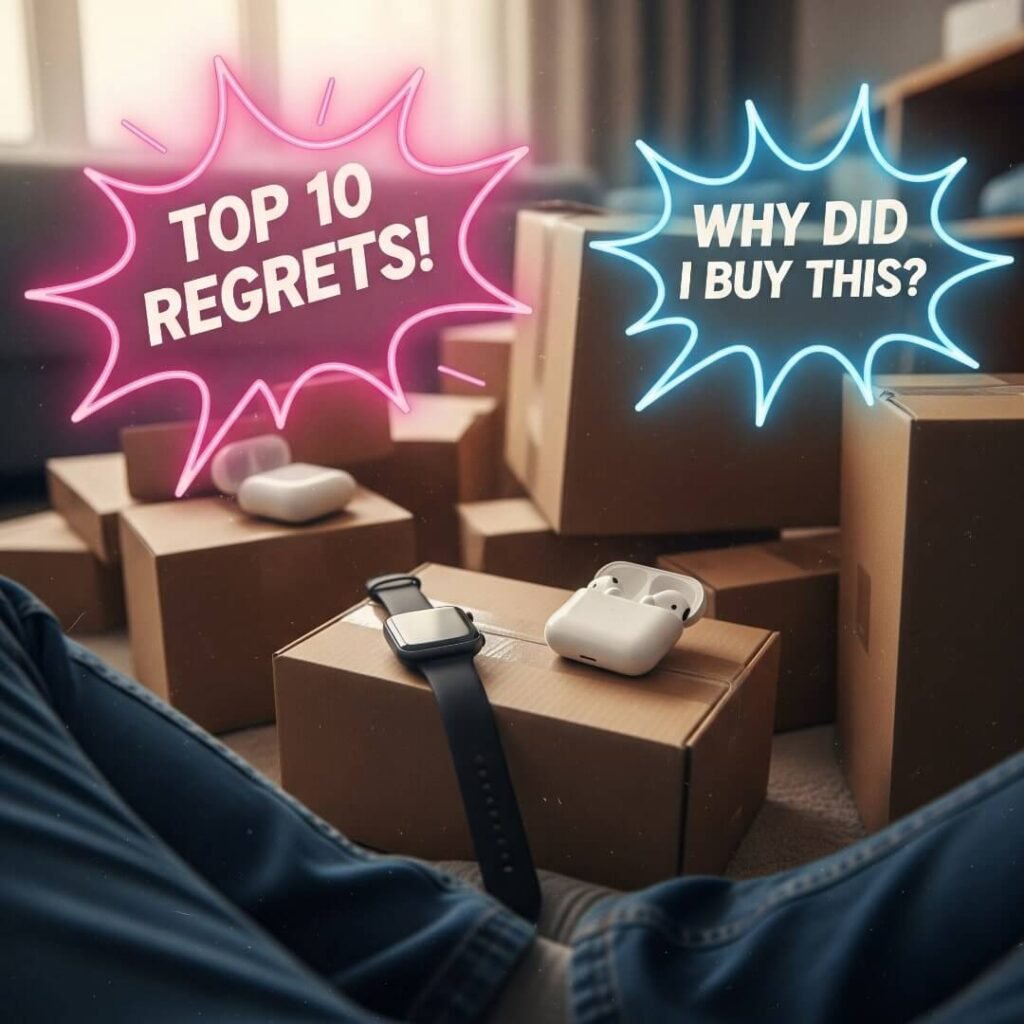 A low-angle shot of a pile of boxes with a smartwatch and earbuds spilling out.