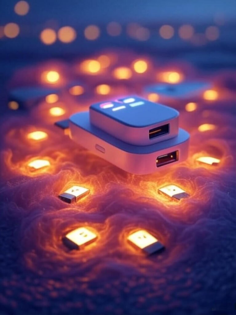 Dreamy USB-C hub floats in glowing port sea, burnt orange and magenta hues.