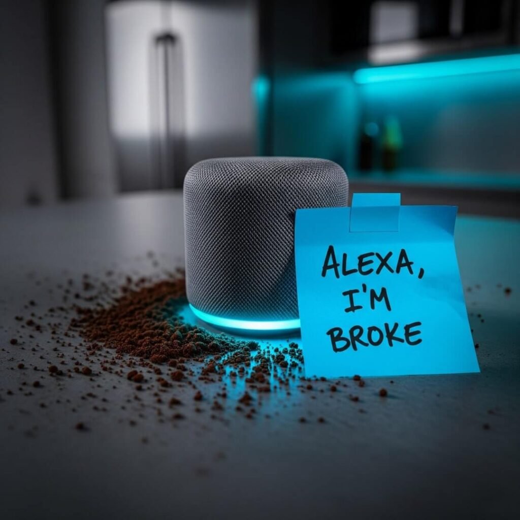 A smart speaker with a glowing light, spilled coffee grounds, and a sticky note.