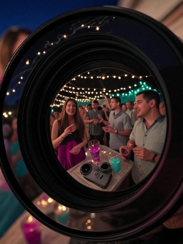 iPhone 16 Pro lens reflects chaotic Bushwick party, doodle of selfie fumbling.