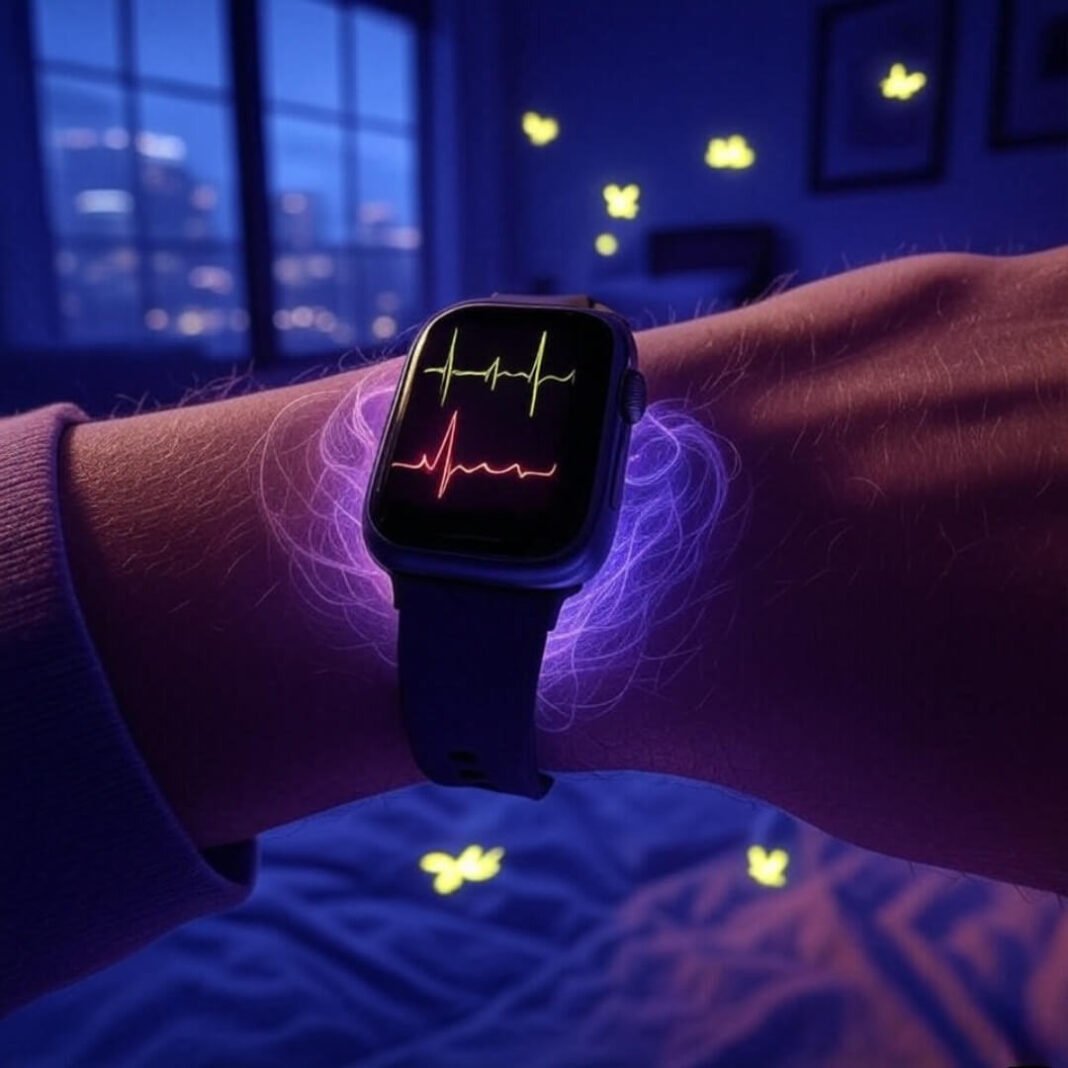 Smartwatch with heartbeat line, glowing fireflies, vibrant coral and indigo hues.