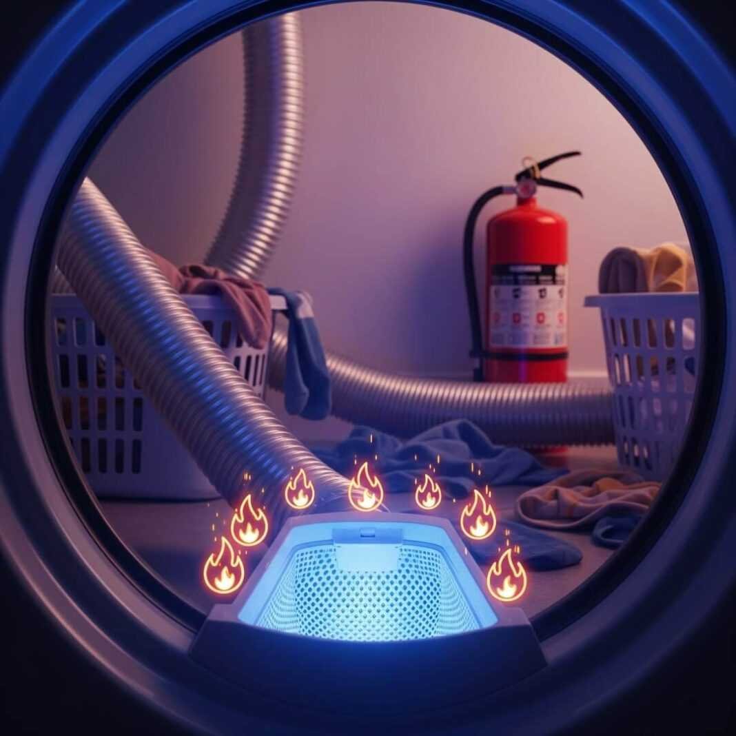 Lint trap glowing with cartoon flames in a messy laundry room.