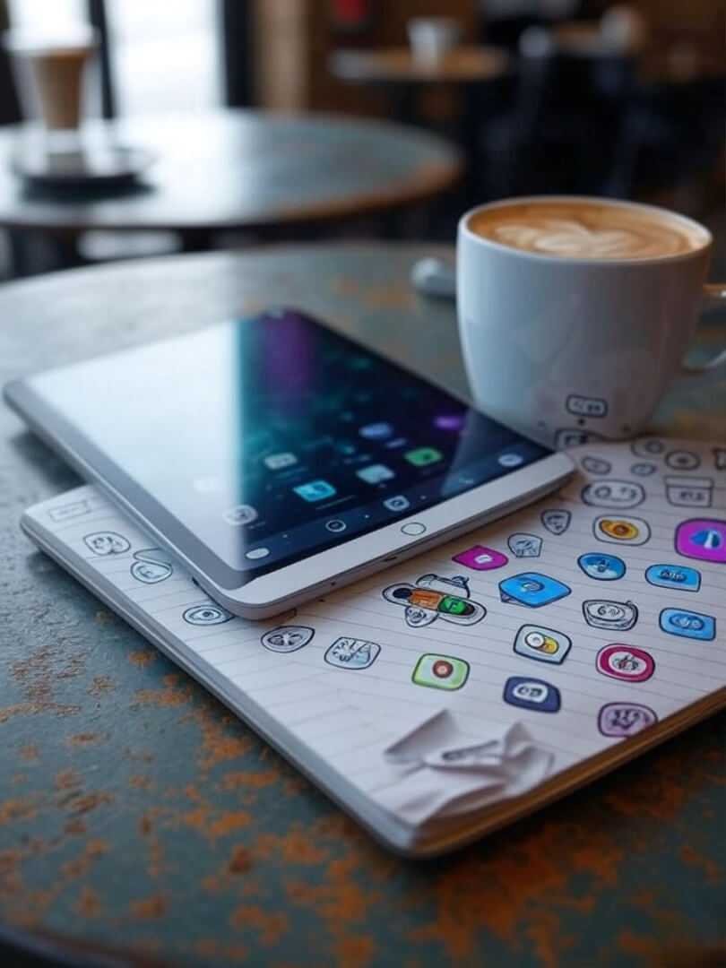 Shiny iPad Pro, spilled latte, crumpled notebook with app doodles, pixelated spaceship on messy coffee table.
