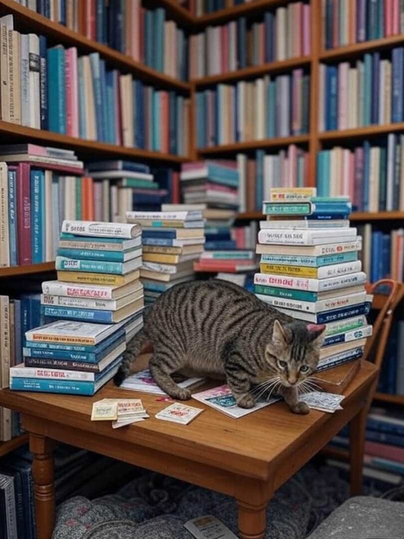 Tabby cat swats bookmark on rickety table with Kindles, tiny bookshelves, pastel hues.
