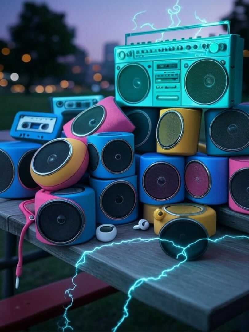 Vibrant stack of colorful Bluetooth speakers and neon boombox on picnic table.