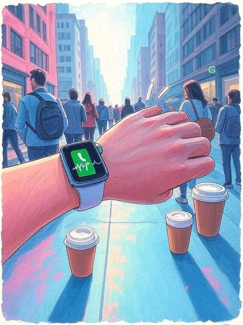 I generated images with the prompt: 'Impressionistic digital painting of a first-person wrist view mid-panic on a busy NYC street, coffee in hand, featuring a glowing smartwatch mid-vibration, a heartbeat line morphing into a phone alert, and a tiny runner silhouette chasing a heart icon, with cartoonish sweat drops turning into exclamation points for a playful “oops” vibe, in an electric teal and vibrant magenta color palette with pops of coral for contrast, conveying a cautiously optimistic emotional tone, like you’re hyped but braced for a low-battery fail, with soft watercolor edges—dreamy yet sharp'