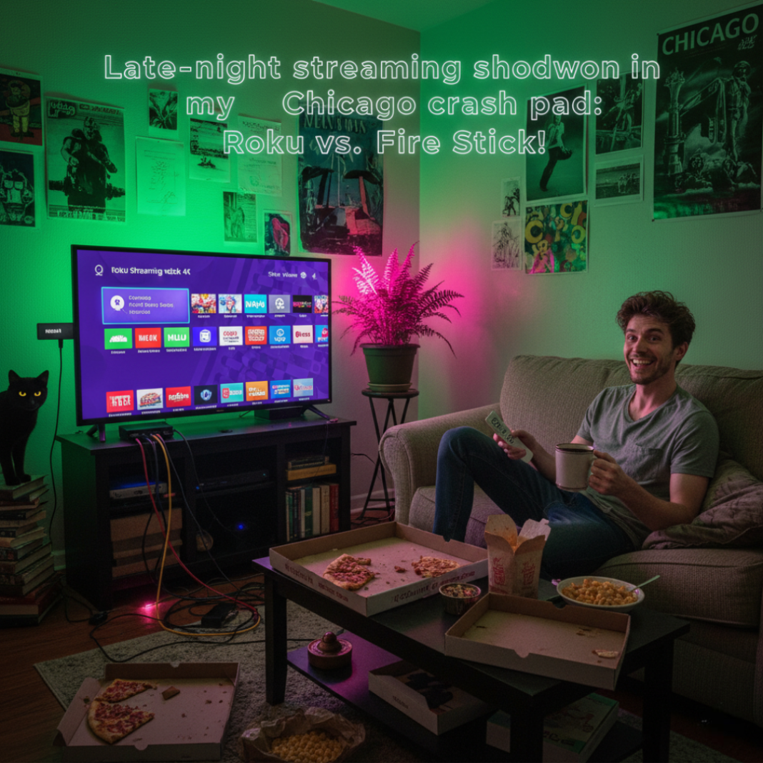 A guy on a couch with a Roku remote, surrounded by neon lights.