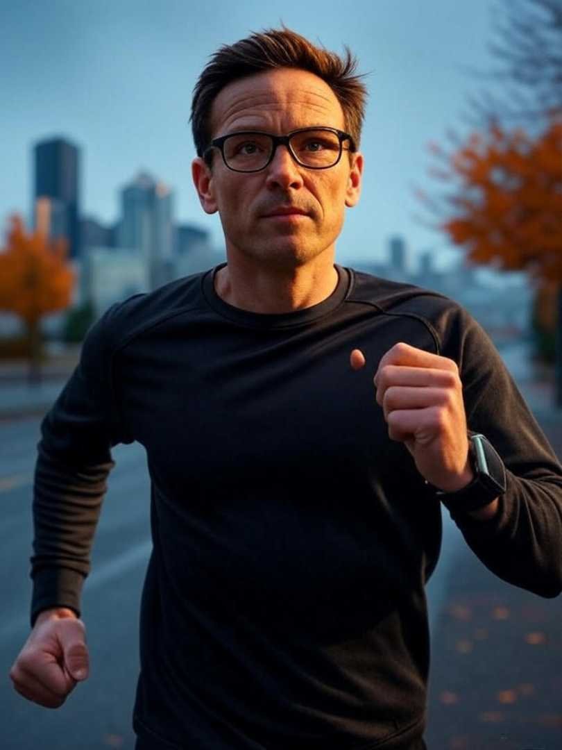 Peppy jogging in Seattle drizzle, teal sky, orange trail, slim Series 9 vibe.