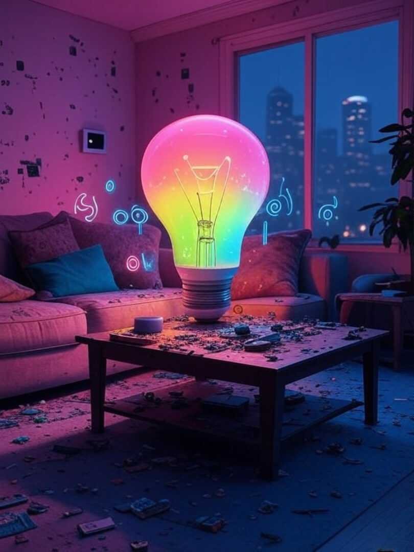 Neon smart bulb, speaker with sound waves, crooked thermostat in messy Seattle room.