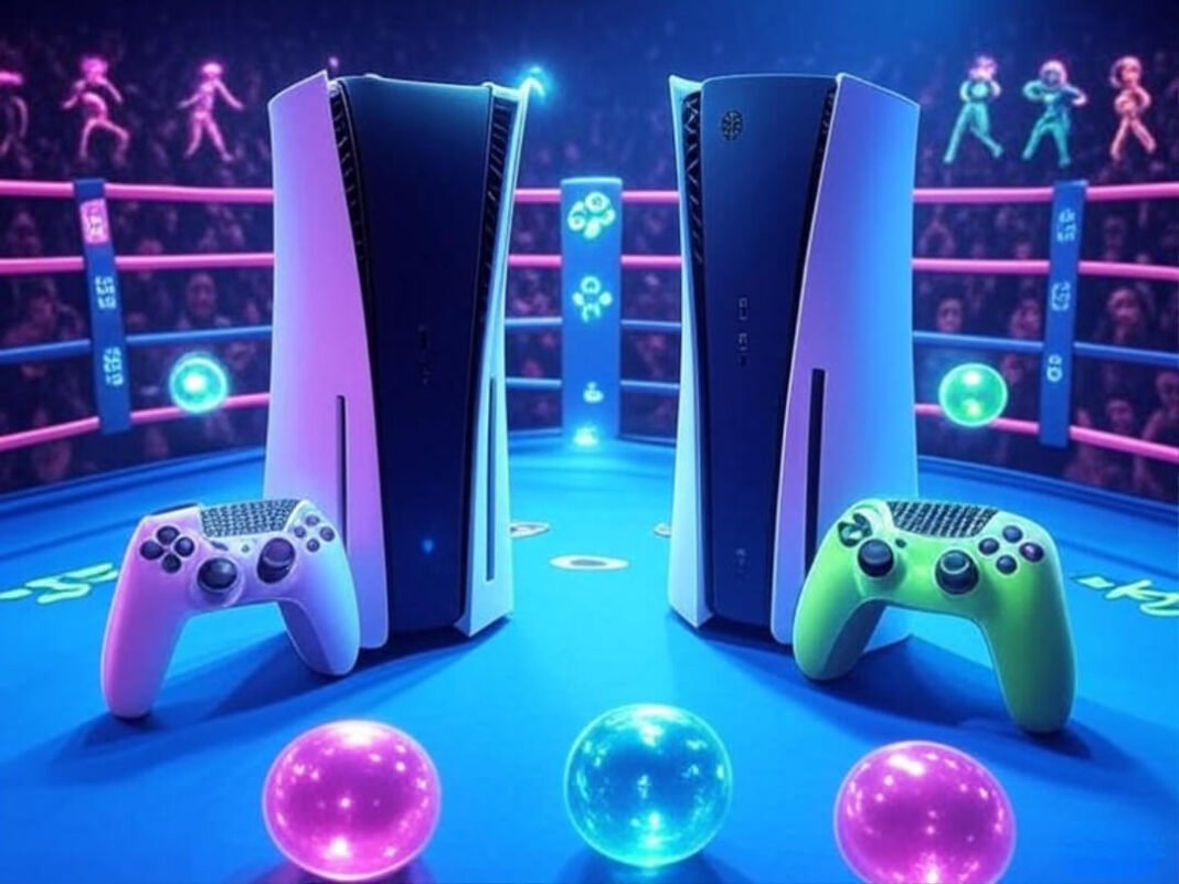 PS5 and Xbox Series X face off in neon ring, glowing controllers, pixelated crowd.