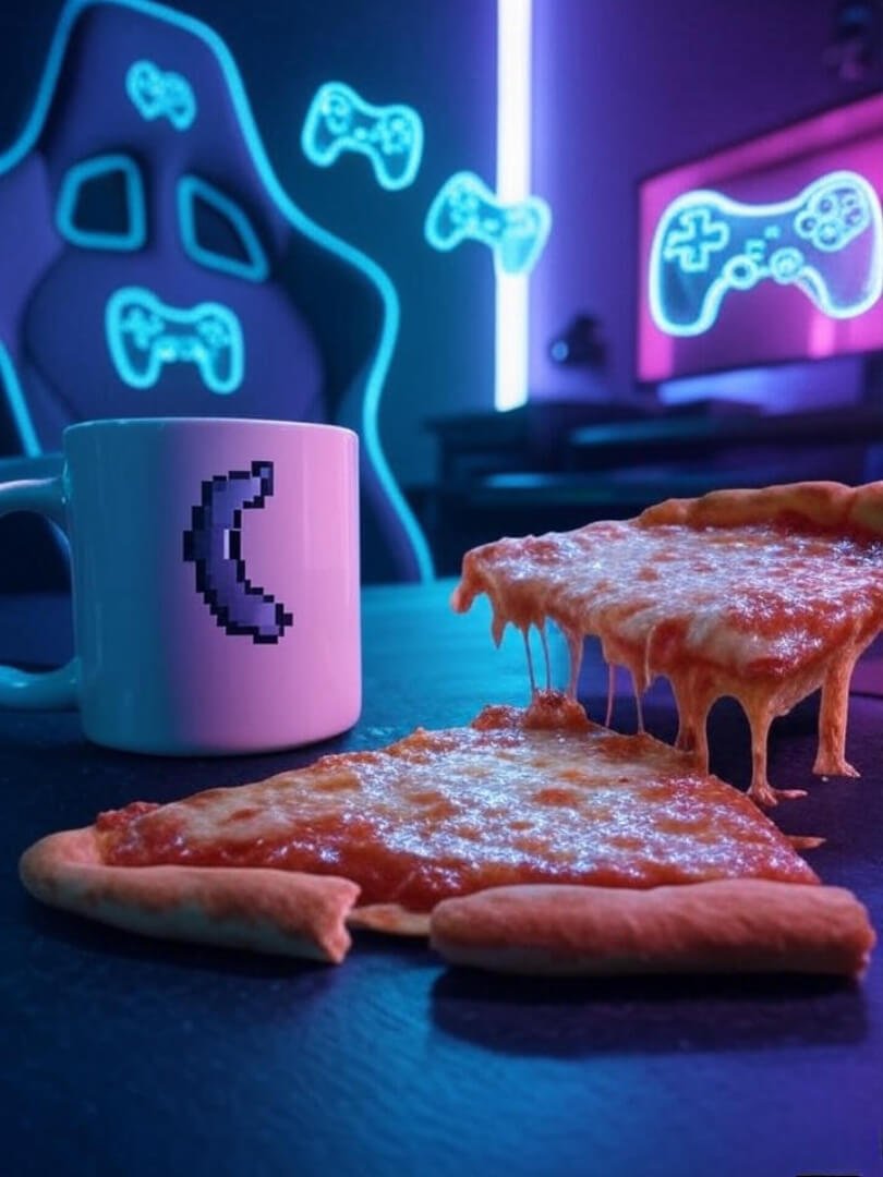 Neon-lit gaming setup with ergonomic chair, pixelated mug, pizza, floating controllers.