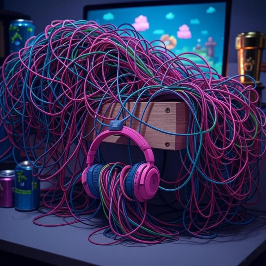 Tangled colorful cables, oversized headphones, pixelated monitor, glowing energy drinks on cluttered desk.
