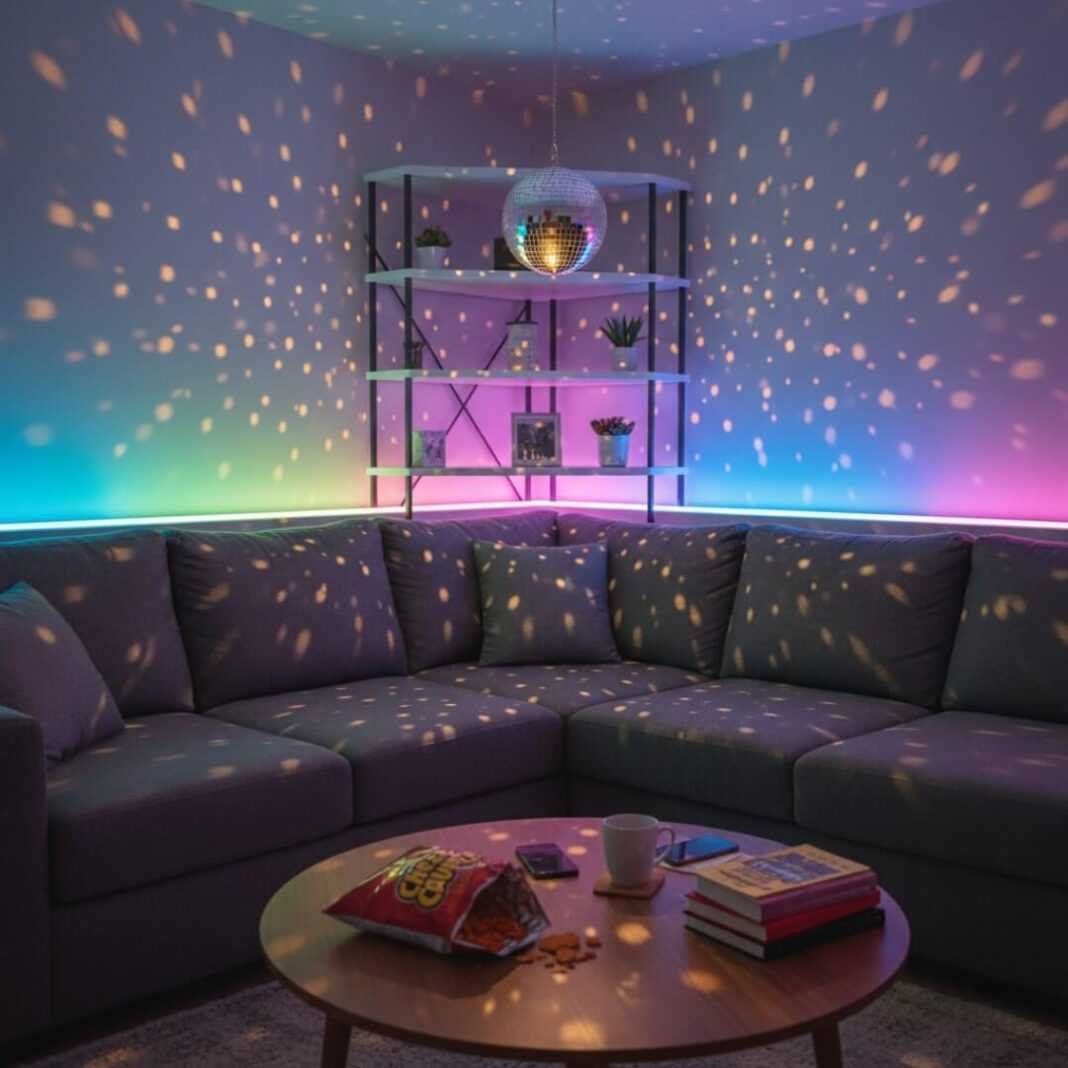 Cozy, vibrant living room with LED lights, disco ball, and messy coffee table.