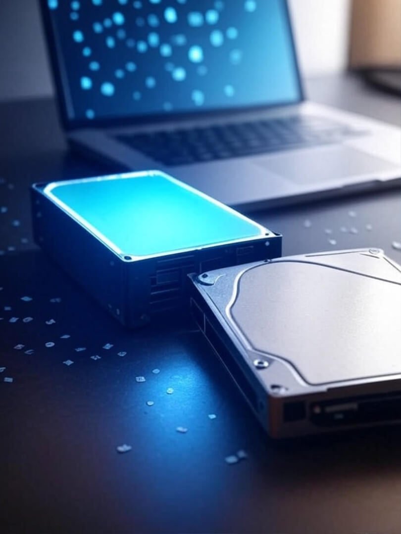 Blurred desk with glowing SSD, dusty HDD, open laptop, binary confetti, vibrant colors.