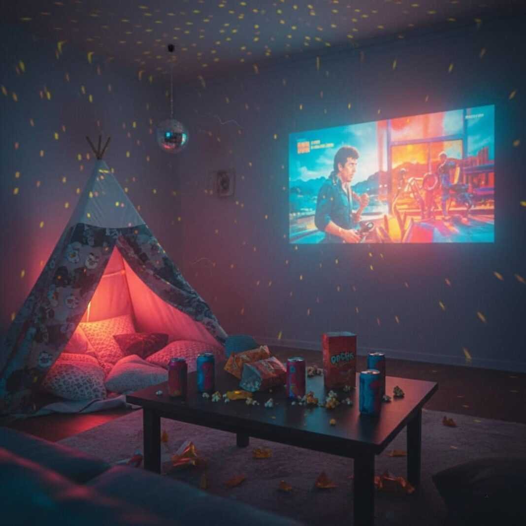 Hazy living room, projector movie, cluttered coffee table, blanket fort, disco ball.
