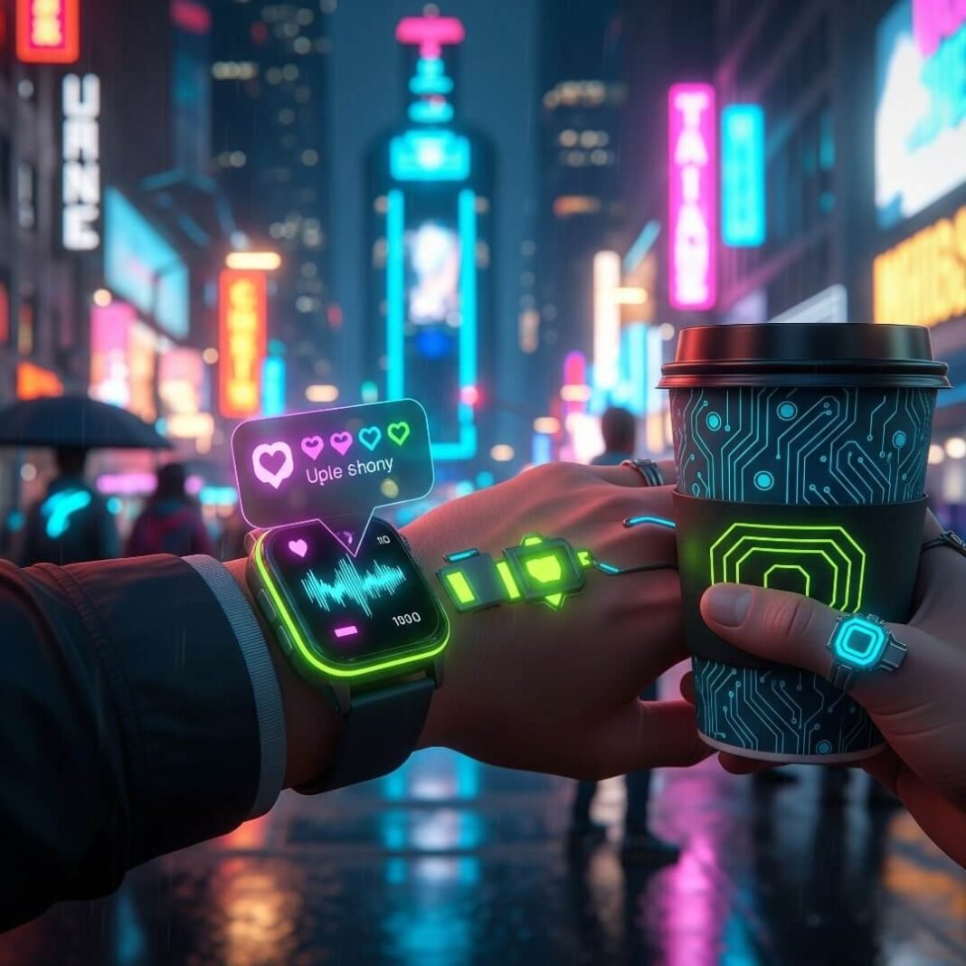 A sleek smartwatch with neon glow and a circuit-patterned coffee cup in a cyberpunk city.