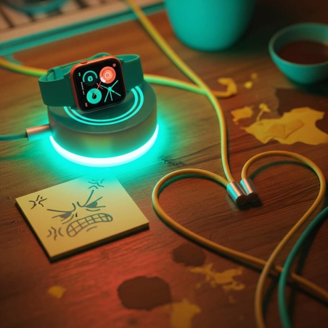 A cluttered desk with a smartwatch, coffee stains, and a sticky note.