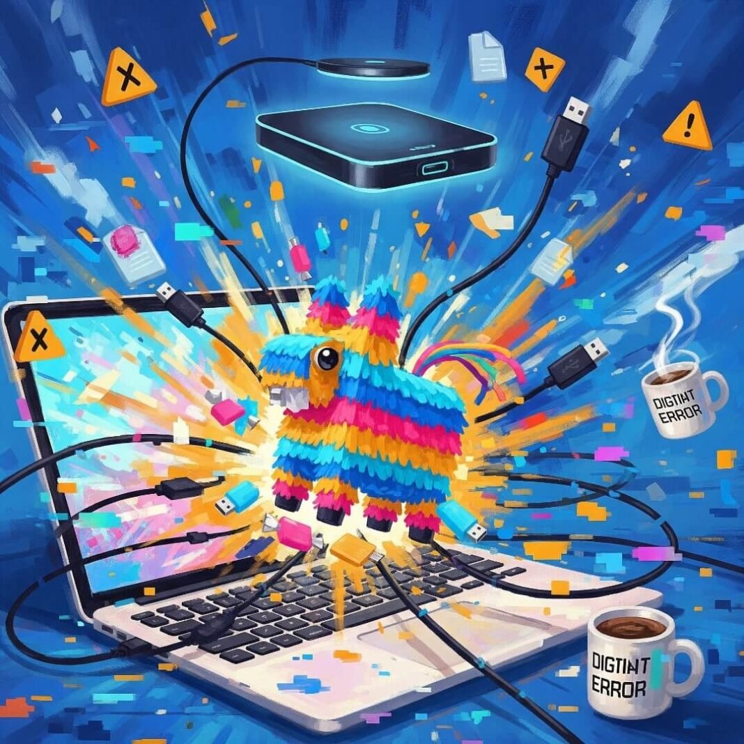 Impressionistic digital painting of an exploding laptop with a piñata hub and levitating dock.