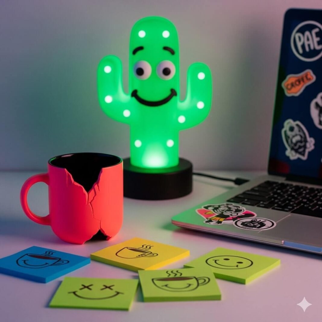 A vibrant desk scene with a chipped pink mug, a green cactus lamp, and a stickered laptop.