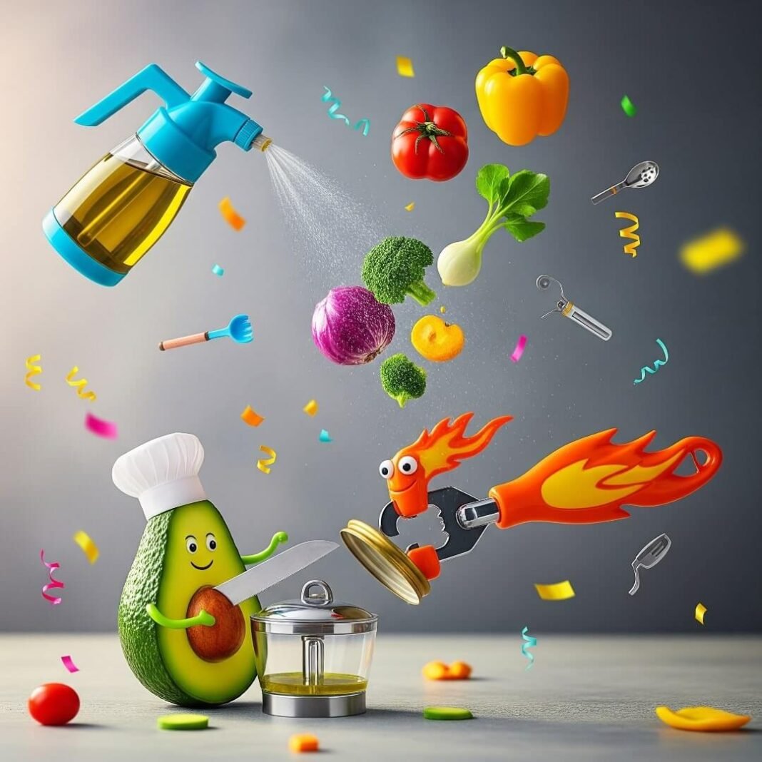 A whimsical avocado chef, oil sprayer, and superhero jar opener in a chaotic kitchen.