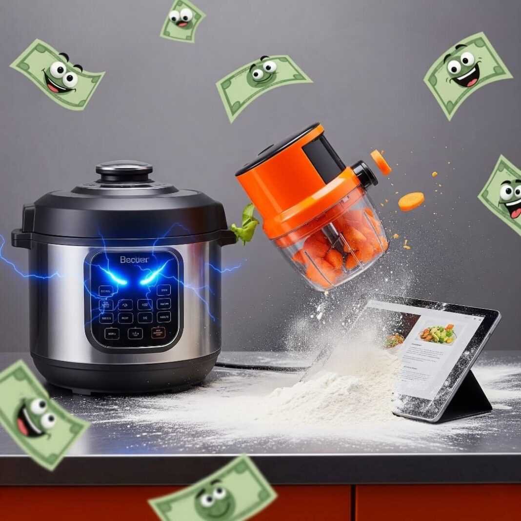 A messy kitchen with a glowing pressure cooker, a flying chopper, and flour.