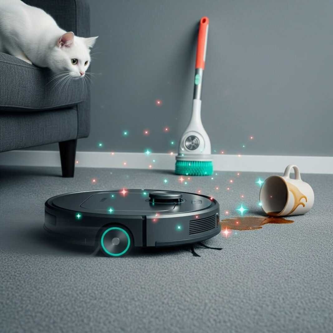 A curious cat watches a robot vacuum pass a spilled coffee mug.