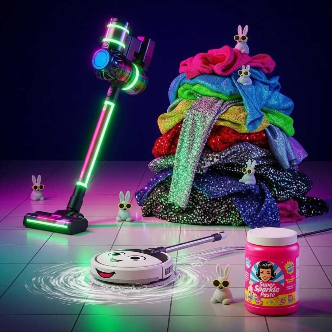Neon vacuum, sparkly laundry, goofy mop, and sunglass-wearing dust bunnies.
