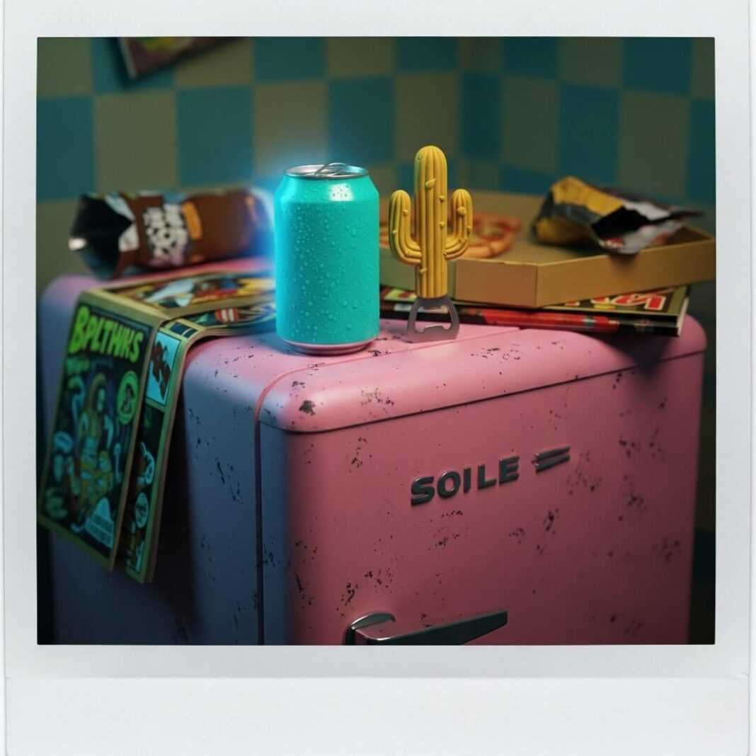 Retro mini-fridge in a messy room with a neon soda and cactus opener.