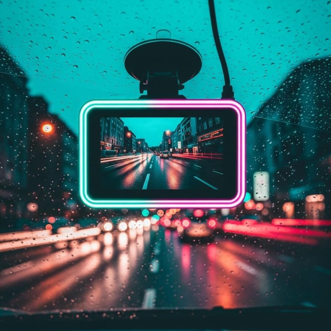 A dash cam on a windshield, capturing a glowing city street at dusk.