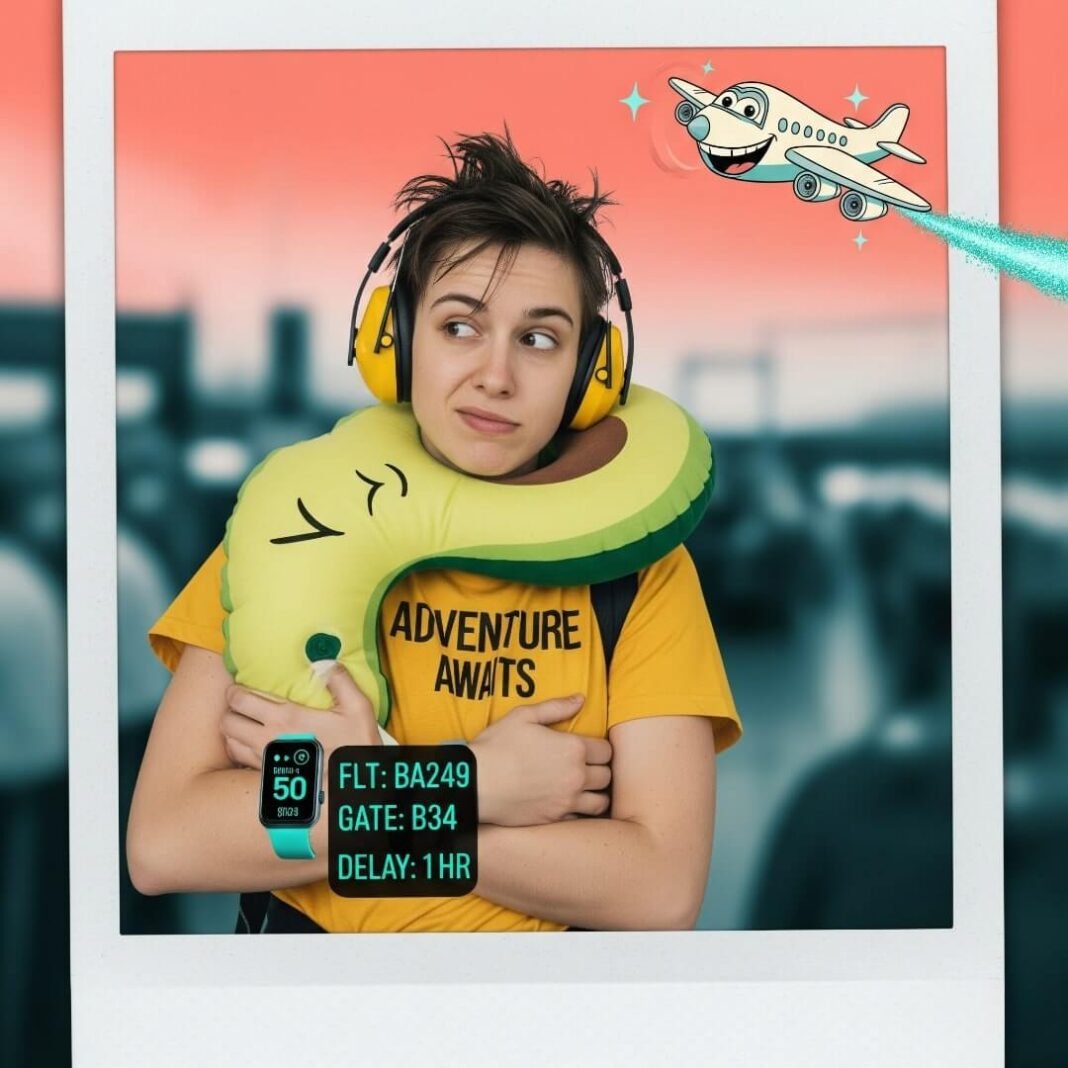A tired traveler wearing headphones and an avocado pillow, with a cartoon plane.