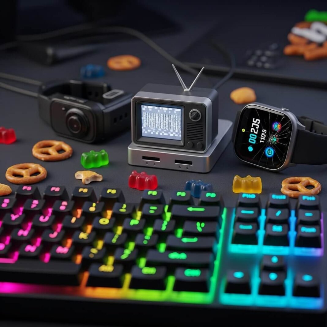 A cluttered desk with gadgets, a neon keyboard, and scattered snacks.