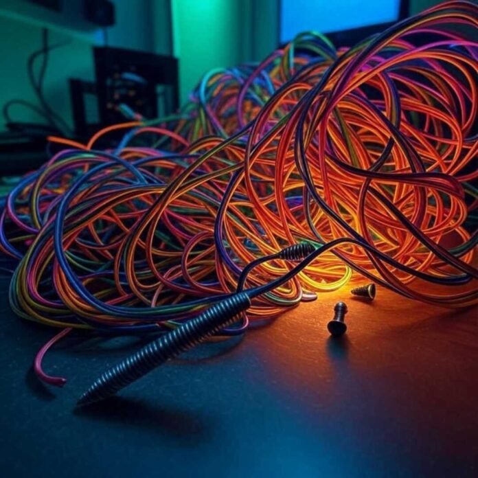 Tangled feet, glowing RGB fans, dropped screws, budget PC build fail in neon greens.