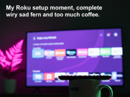 Fire Stick vs Roku: Which Streaming Stick Should You Buy? Roku remote on a coffee mug, TV showing Roku home screen, neon fern.
