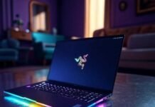 Top Gaming Laptops That Can Handle AAA Titles Vibrant impressionist painting of messy gaming desk with glowing RGB gear, spilled drink.