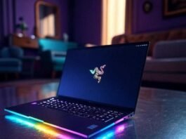 Top Gaming Laptops That Can Handle AAA Titles Vibrant impressionist painting of messy gaming desk with glowing RGB gear, spilled drink.