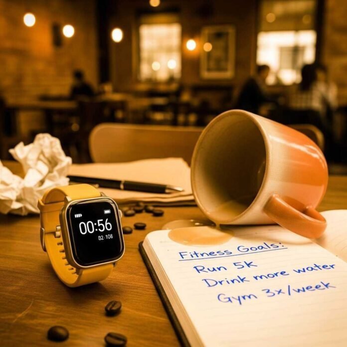 A vintage-style photo of a smartwatch, spilled latte, and a notebook. A vintage-style photo of a smartwatch, spilled latte, and a notebook.