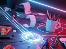 Best USB Hubs & Docks to Expand Your Laptop in 2025 A dynamic shot of a messy desk with a glowing USB dock.